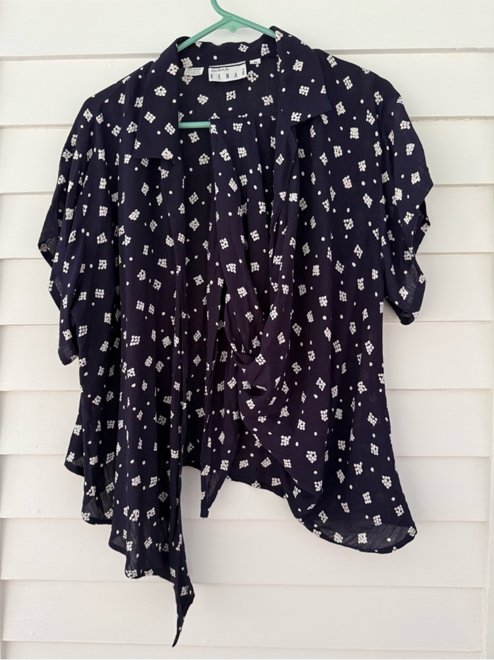 Vintage Kenar Wrap Blouse Navy White Floral Print Draped Top Medium